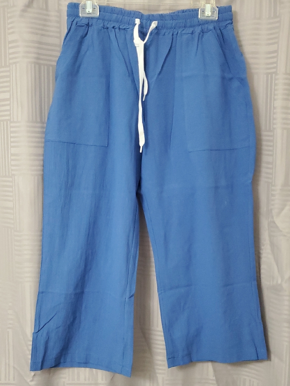 Blue Drawstring Linen-Blend Wide Leg Capri Pants